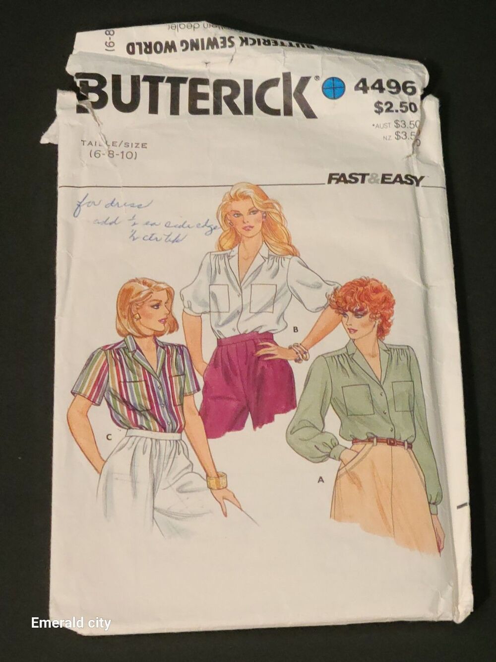 Vtg Fast And Easy Butterick #4496 Size 6-8-10 Blouse Uncut 1985 Sewing Pattern